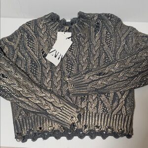 NWT Zara Gray Metallic Cable Knit Sweater Small